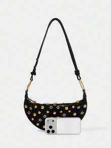 SHECARRY Y2K Fashion Rivet Design Shoulder Bag Crescent Bag Pu Material, Zipper Opening And Closing, Suitable For Daily Commuting - Black - View 4