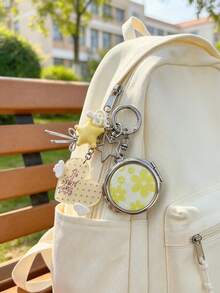 1pc Cute Floral Print Compact Mirror Keychain, Double‑Sided Folding Pocket Mirror With Heart‑Shaped Pendant, Portable Mini Makeup Mirror For Bag Decoration - Multicolor - View 6