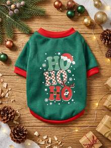 PETSIN 1pc Pet Hohoho English Text & Graphic Printed Green Fleece Crew Neck Warm Sweatshirt - Multicolor - View 1