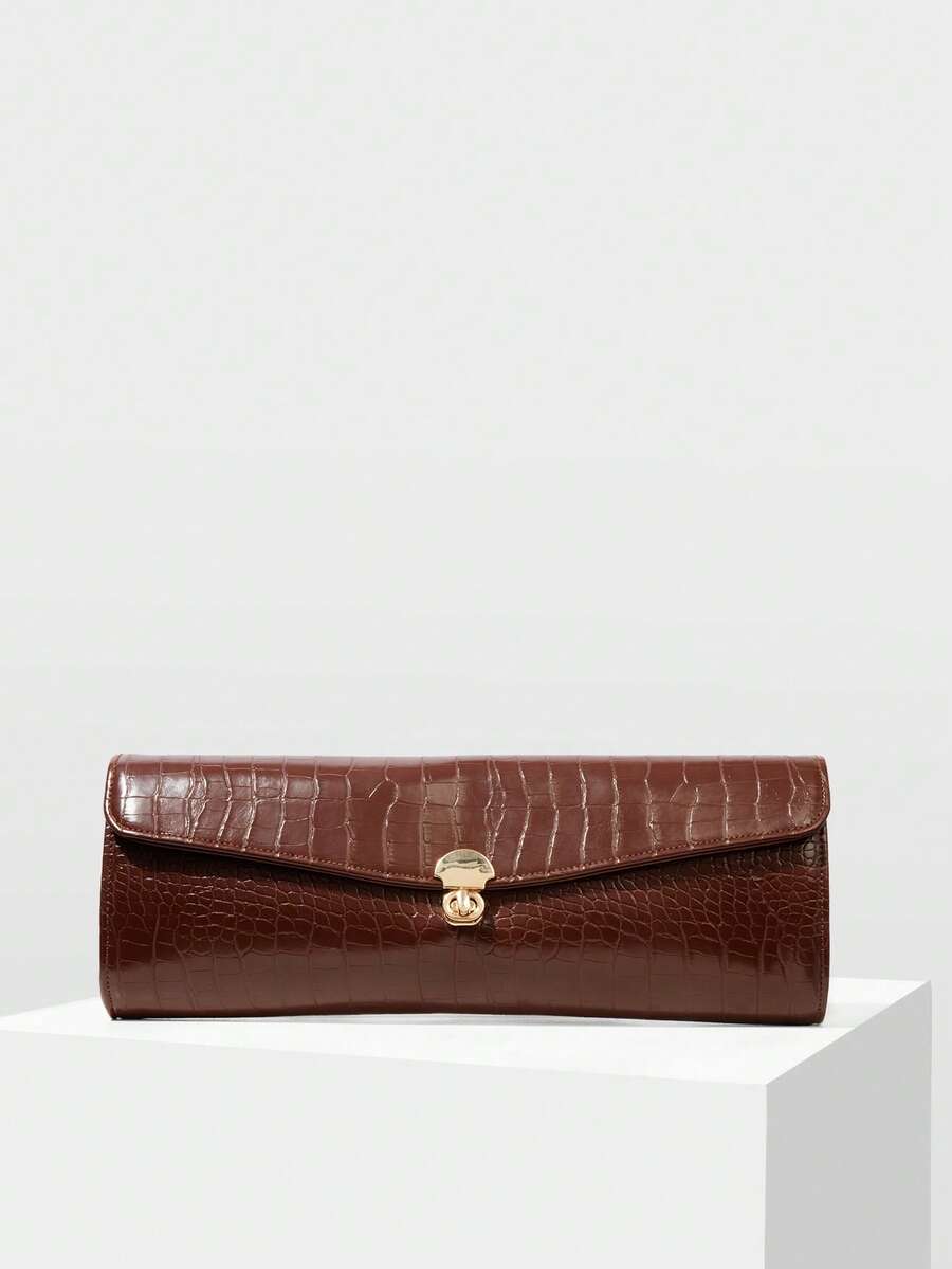 MOTF LADIES FASHION BROWN CLUTCH BAG, EXQUISITE RETRO CROCODILE PATTERN PU BAGUETTE BAG, FOR PARTIES, PARTIES, SHOPPING, WEDDINGS, DRESS MATCHING - Brown - View 1