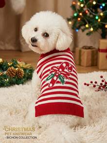 PETSIN 1pc Christmas Pet Cat Dog Universal Red And White Striped Jacquard Knitted Elastic Comfortable Christmas Candy Candy Cute Pattern Dog Christmas Sweater - Multicolor - View 3