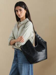 Wovira Women's Shoulder Bag, Tote Bag, Hand-Woven Bag, Retro Old Money Style, Casual Large-Capacity Matching, Soft Texture, Suitable For Shopping And Commuti - Black - View 1