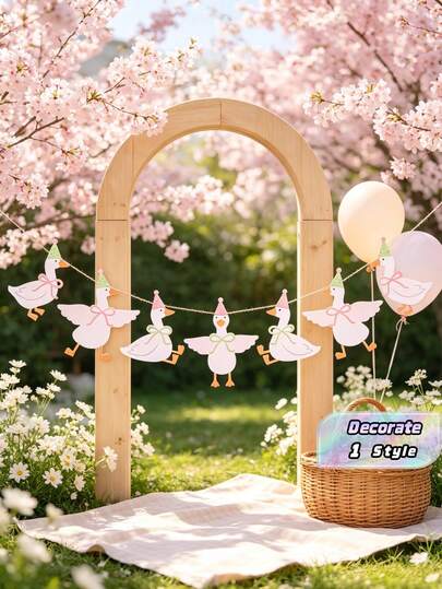 1 pieza Guirnalda de banderines de papel con ganso blanco, bandera con recorte de ganso de granja lindo con mini sombrero de fiesta y lazo pastel, estilo acuarela rosa claro y verde suave, suministros para baby shower y fiesta de cumpleaños, adornos de fondo fotográfico de animal de dibujos animados dulce para pared interior y ventana