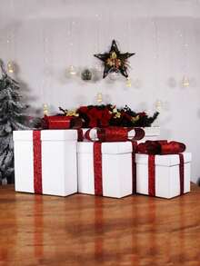 1Pc 20Cm White Square Self-Assembly Gift Box, Christmas Scene Decoration, Hotel Lobby & Mall Window Display Prop, DIY Holiday Decor, Party Visual Merchandising Ornament, Holiday Gift Box Display Piece - Red and White - View 4