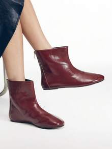 Mnmlis Burgundy Glossy Flat-Bottomed Ankle Boots, Soft Leather Round Toe Commuting Versatile Autumn And Winter Atmosphere Ankola Red Ankle Boots, Rear Zipper Fall Boots - Burgundy - View 7