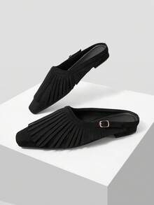 Mnmlis Classic Square Toe Fringe Decor Mules - Black - View 2