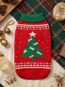 PETSIN Christmas Pet Sweater With Colorblock Christmas Tree Jacquard Pattern, Winter - Red - View 2