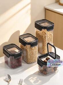 1PC Airtight Food Storage Containers With Black Lids, Plastic Sealed Kitchen Pantry Organizer Jars, Stackable Clear Canisters For Grain, Pasta, Nuts, Beans, Dry Food, Household Kitchen Storage & Organization - Black - View 2