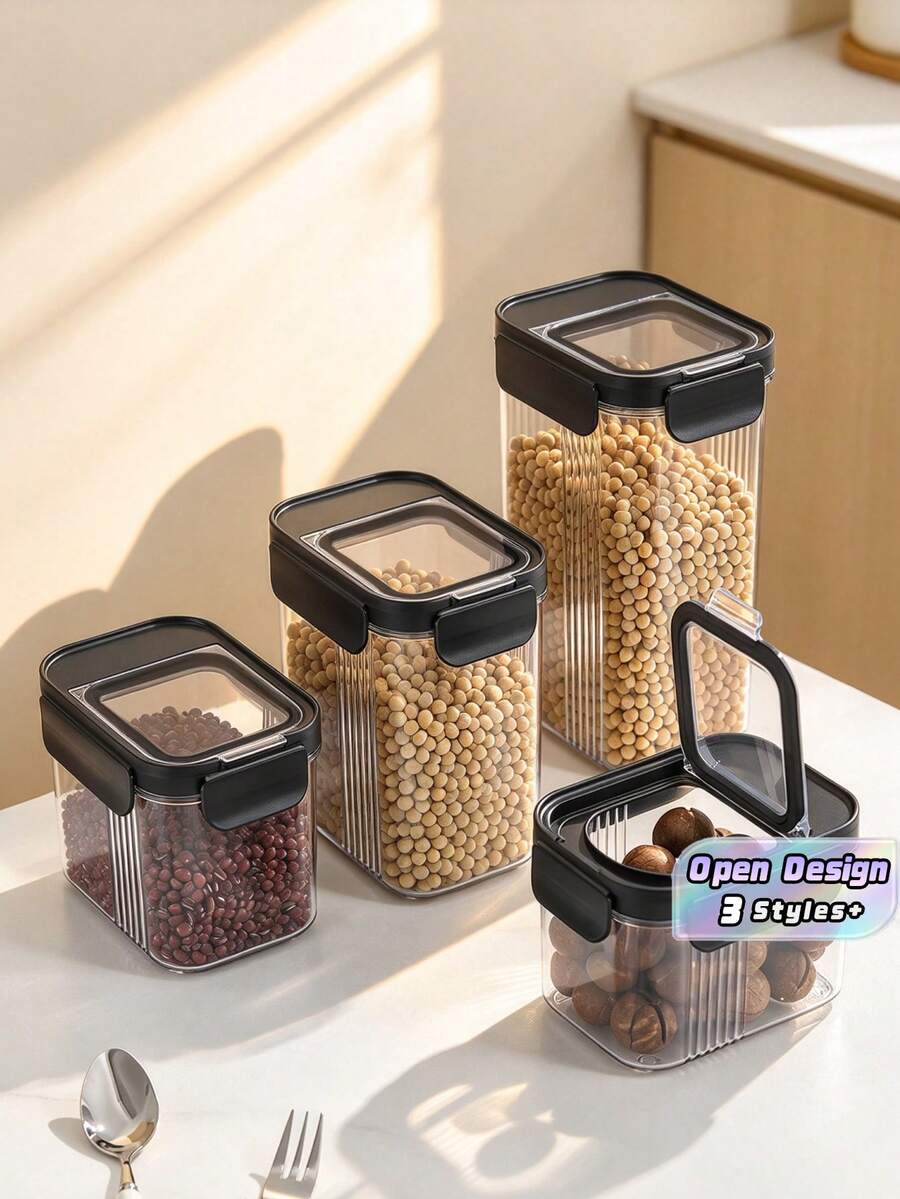 1PC Airtight Food Storage Containers With Black Lids, Plastic Sealed Kitchen Pantry Organizer Jars, Stackable Clear Canisters For Grain, Pasta, Nuts, Beans, Dry Food, Household Kitchen Storage & Organization
