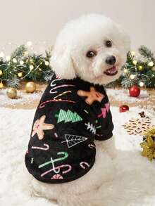 PETSIN 1件寵物薑餅人、聖誕樹、糖果棒印花搖粒絨保暖黑色圓領狗狗衛衣 - 彩色 - 查看 2