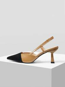 Mnmlis Color Matching Pointed Toe, Thin High Heel, Empty Sandals, Nude Leather Surface, Black Matte Toe Head, T-Shaped Thin Belt, Adjustable Buckle - Apricot - View 5