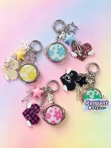 1pc Cute Floral Print Compact Mirror Keychain, Double‑Sided Folding Pocket Mirror With Heart‑Shaped Pendant, Portable Mini Makeup Mirror For Bag Decoration - Multicolor - View 1