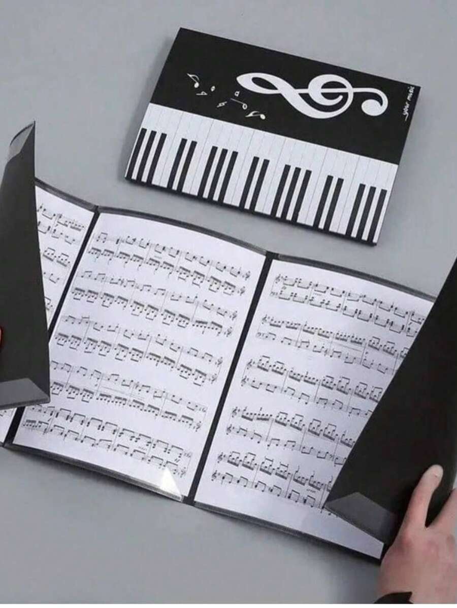 6-Page A4 Music Score Holder, 3 Fold PP Plastic Black, Piano Keyboard & Music Note Design, Waterproof Piano Score Clip, Reduce Page Turning, Ideal For Musicians Practice, Performance, Band, Music Class, Piano Accessory, Multipurpose Gift - Black - View 1