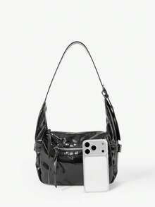 Viva Strut Ladies Shoulder Bag, Large Capacity, Rivet Decoration, Sweet And Cool Spice Girl Y2K, Zipper Closure, Adjustable Shoulder Strap, Suitable For Daily Sh - Black - View 4