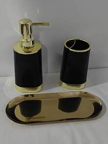 3Pcs Bathroom Countertop Set, Soap Dispenser Toothbrush Holder With Golden Tray, Gold Rim Vanity Storage Organizer, Modern Bathroom Decor, Multi Color Options - Multicolor 6 - View 13