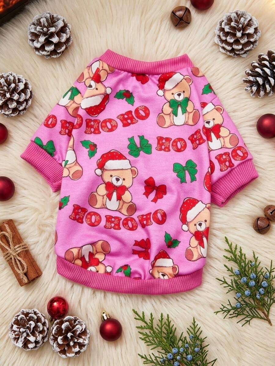 PETSIN 1pc Red Plush Christmas Hat Green Bow HOHOHO Letter Pattern Printed Pet Soft And Comfortable Pet Clothes - Multicolor - View 1