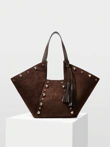 MOTF WOMEN'S FASHION RETRO BROWN SUEDE RIVET DECORATIVE TOTE BAG, LARGE CAPACITY CASUAL SHOULDER BAG, FOR DAILY, COMMUTING, SHOPPING, VACATION, TRAVEL - Coffee - View 1