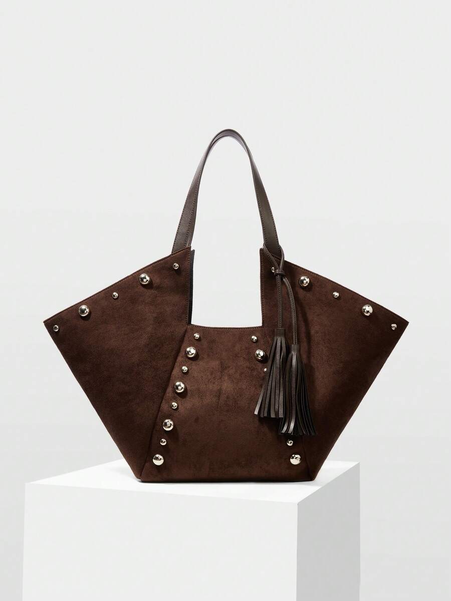 MOTF WOMEN'S FASHION RETRO BROWN SUEDE RIVET DECORATIVE TOTE BAG, LARGE CAPACITY CASUAL SHOULDER BAG, FOR DAILY, COMMUTING, SHOPPING, VACATION, TRAVEL - Coffee - View 1