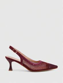 CUCCOO SZL Women's Fashion Pointed Mesh Stitching Rhinestone Summer Fashion Party Party Spread Kitten Heel Empty Kitten Heel High Heels Shoes - Burgundy - View 3