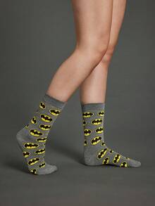 BATMAN X SHEIN 1 Pack Cartoon Pattern Black Crew Socks For Men And Women - Grey - View 2