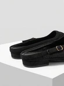 Mnmlis Classic Square Toe Fringe Decor Mules - Black - View 3