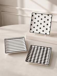 Haus Hana 3 Styles Black & White Ceramic Square Plate Set, Polka Dot/Stripe/Checkered Porcelain Serving Tray, Food Square Dish For Appetizer, Dessert, Snack, Modern Minimalist Dinnerware For Home Kitchen, Party, Restaurant & Tabletop Decor - Multicolor - View 3