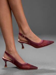 CUCCOO SZL Women's Fashion Pointed Mesh Stitching Rhinestone Summer Fashion Party Party Spread Kitten Heel Empty Kitten Heel High Heels Shoes - Burgundy - View 1