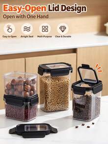 1PC Airtight Food Storage Containers With Black Lids, Plastic Sealed Kitchen Pantry Organizer Jars, Stackable Clear Canisters For Grain, Pasta, Nuts, Beans, Dry Food, Household Kitchen Storage & Organization - Black - View 5
