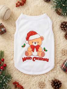 PETSIN 1pc Christmas Bear Letter Printed Pet Tank Top White Breathable Pet Clothes - Multicolor - View 4