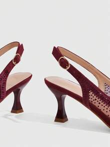 CUCCOO SZL Women's Fashion Pointed Mesh Stitching Rhinestone Summer Fashion Party Party Spread Kitten Heel Empty Kitten Heel High Heels Shoes - Burgundy - View 6