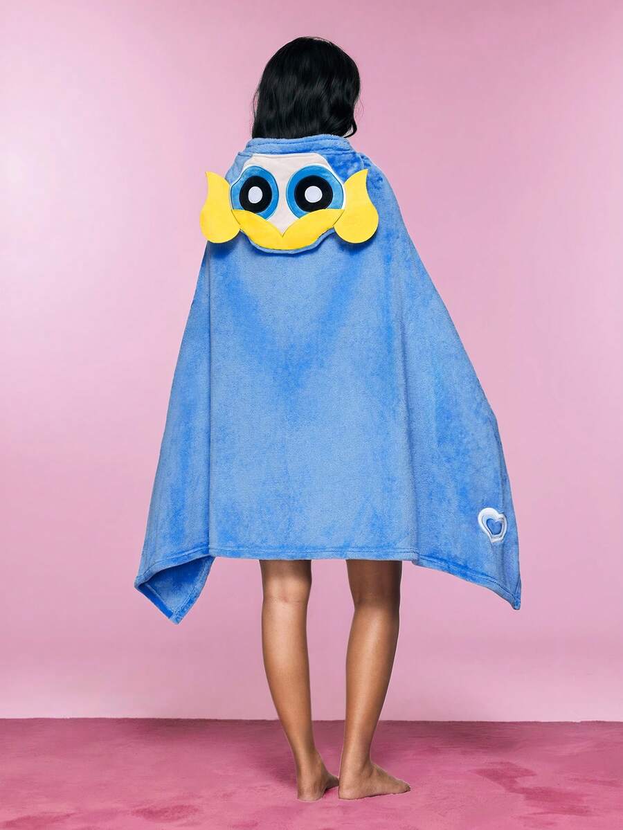 THE POWERPUFF GIRLS X SHEIN 小女警刺繡抓絨連帽穿戴式毯，居家 Cosplay，春/冬季 - 藍色 - 查看 1
