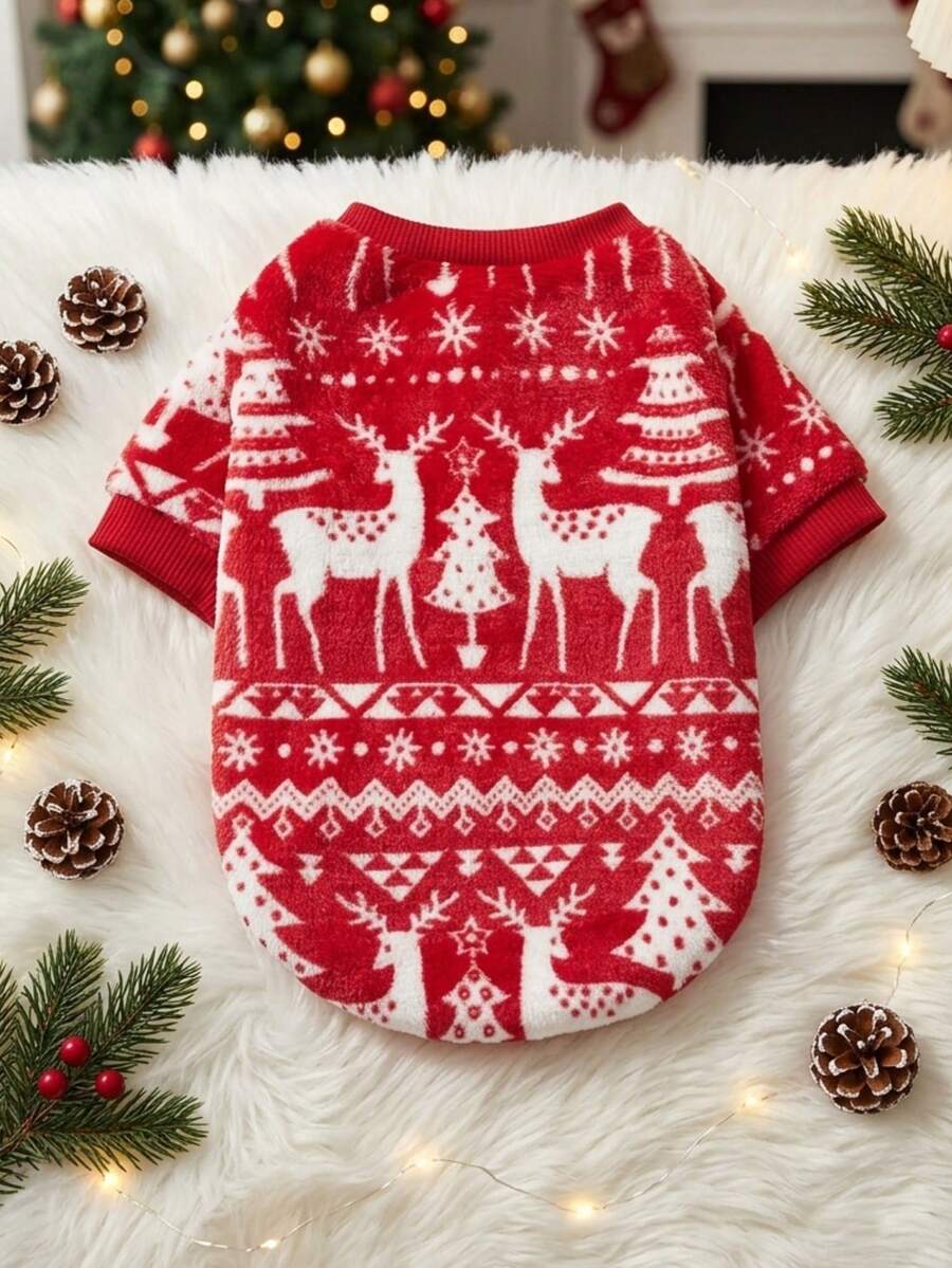 PETSIN 1pc Pet Red Geometric Fairisle Pattern Fleece Warm Red Crew Neck Dog Sweatshirt - Multicolor - View 1