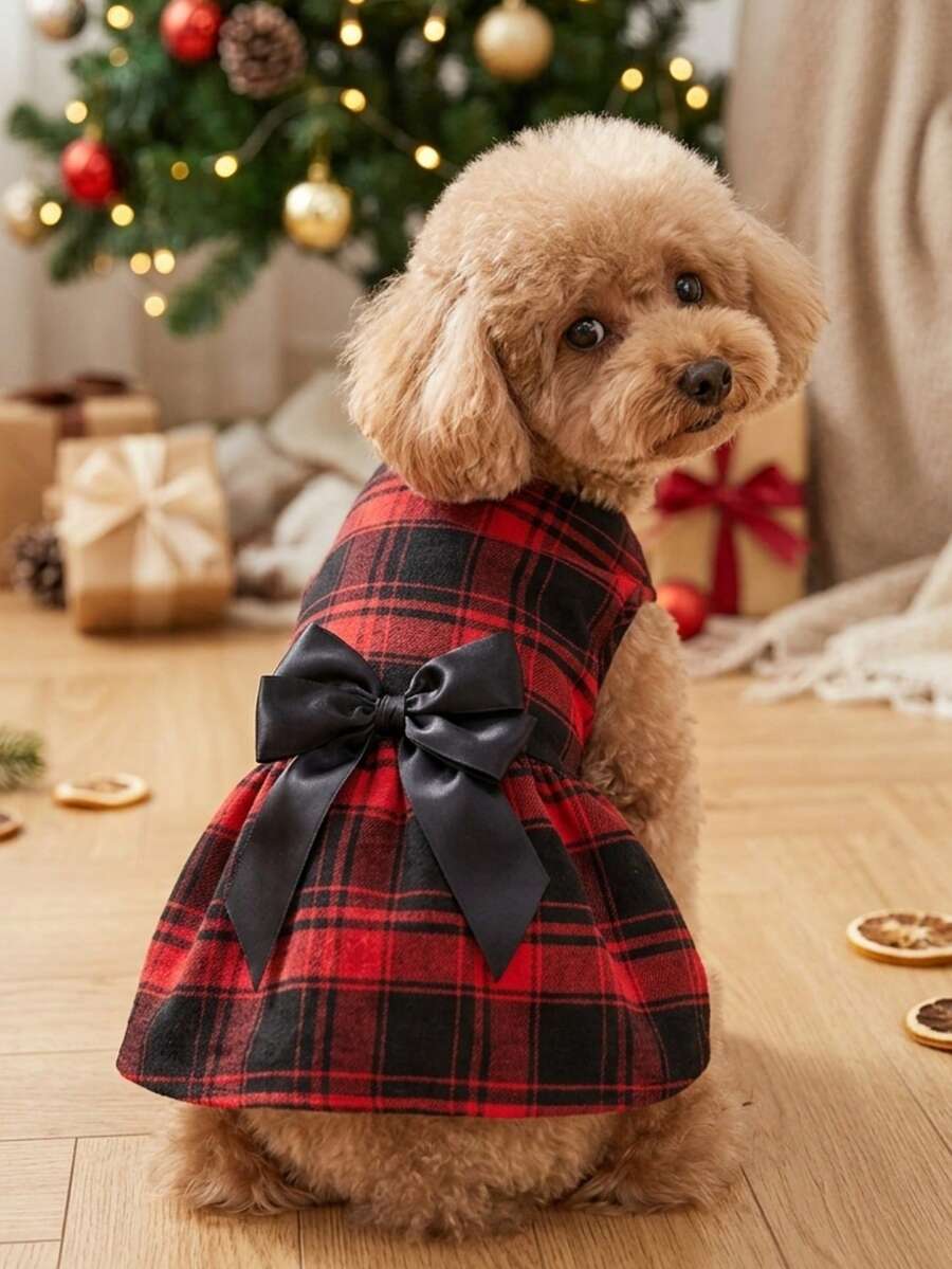 PETSIN Red & Black Plaid Bow Decor Pet Dress, Cute For Cats And Dogs - Red - View 1