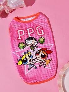 THE POWERPUFF GIRLS X SHEIN 1件夏季粉色透氣網眼寵物背心，可愛飛翔女警PPG字母印花無袖背心，輕量涼感，適合小狗和小貓日常穿著 - 粉色 - 查看 1