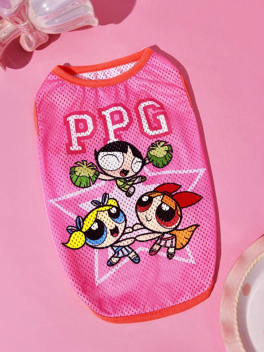 THE POWERPUFF GIRLS X SHEIN 1件夏季粉色透氣網眼寵物背心,可愛飛翔女警PPG字母印花無袖背心,輕量涼感,適合小狗和小貓日常穿著 - 粉色 - 查看 1