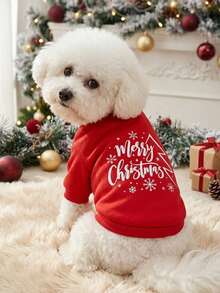 PETSIN 1pc White Christmas Letters, Snowflakes, Christmas Tree Pattern Print, Soft And Comfortable, Warm Pet Clothing - Multicolor - View 1