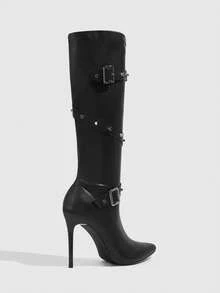 CUCCOO SZL Black Over-The-Knee Boots, Slim Stiletto Heels, Decorative Stud Buckles, Fashion Style, Suitable For Daily Wear & Parties - Black - View 4