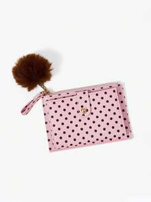 Viva Strut 1pc Women's Fashionable Simple Fresh Pink Dark Coffee Dot Imitation Leather Fur Ball Pendant Short Wallet, Multi-Card Space - Pink - View 4