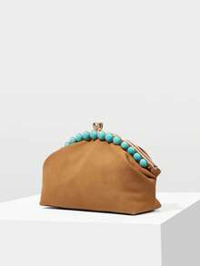 MOTF WOMEN'S FASHION BROWN CLUTCH BAG, RETRO TURQUOISE GREEN CRACKED BEAD CLIP BAG, FOR DAILY, SHOPPING, VACATION, TRAVEL - Brown - View 2