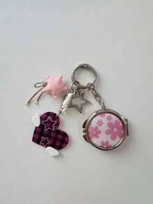 1pc Cute Floral Print Compact Mirror Keychain, Double‑Sided Folding Pocket Mirror With Heart‑Shaped Pendant, Portable Mini Makeup Mirror For Bag Decoration - Multicolor - View 15