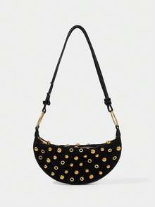SHECARRY Y2K Fashion Rivet Design Shoulder Bag Crescent Bag Pu Material, Zipper Opening And Closing, Suitable For Daily Commuting - Black - View 1