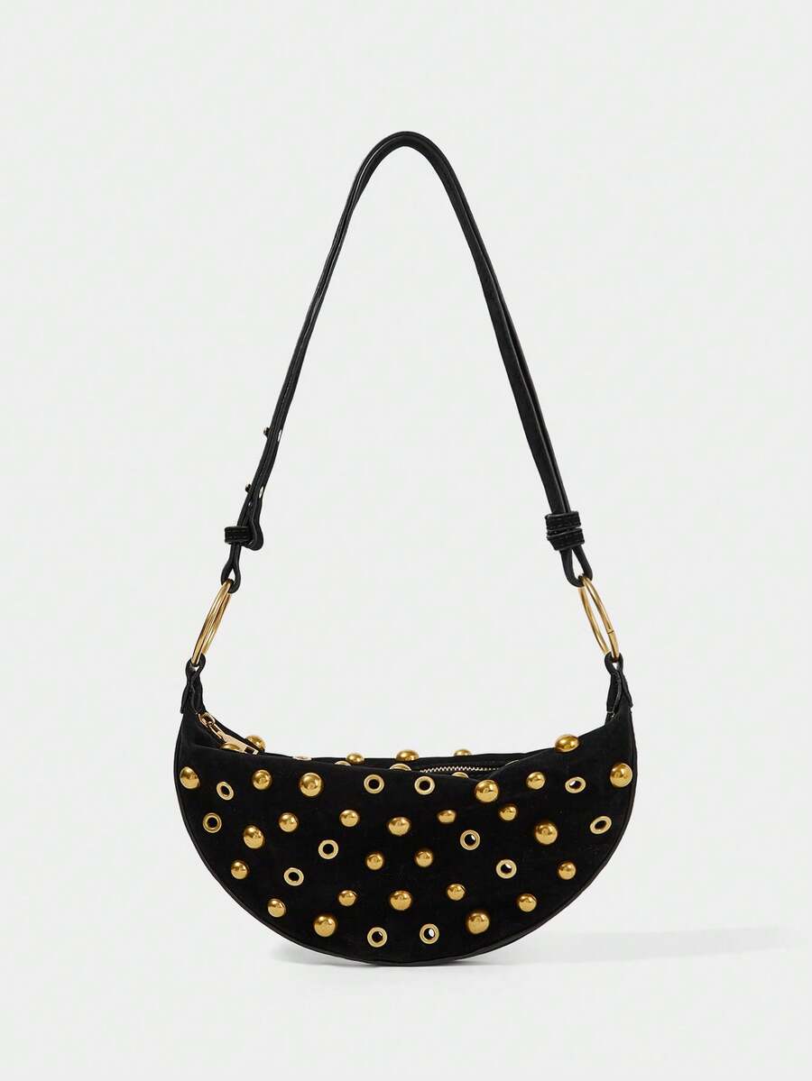 SHECARRY Y2K Fashion Rivet Design Shoulder Bag Crescent Bag Pu Material, Zipper Opening And Closing, Suitable For Daily Commuting - Black - View 1