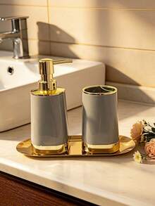 3Pcs Bathroom Countertop Set, Soap Dispenser Toothbrush Holder With Golden Tray, Gold Rim Vanity Storage Organizer, Modern Bathroom Decor, Multi Color Options - Multicolor 6 - View 6