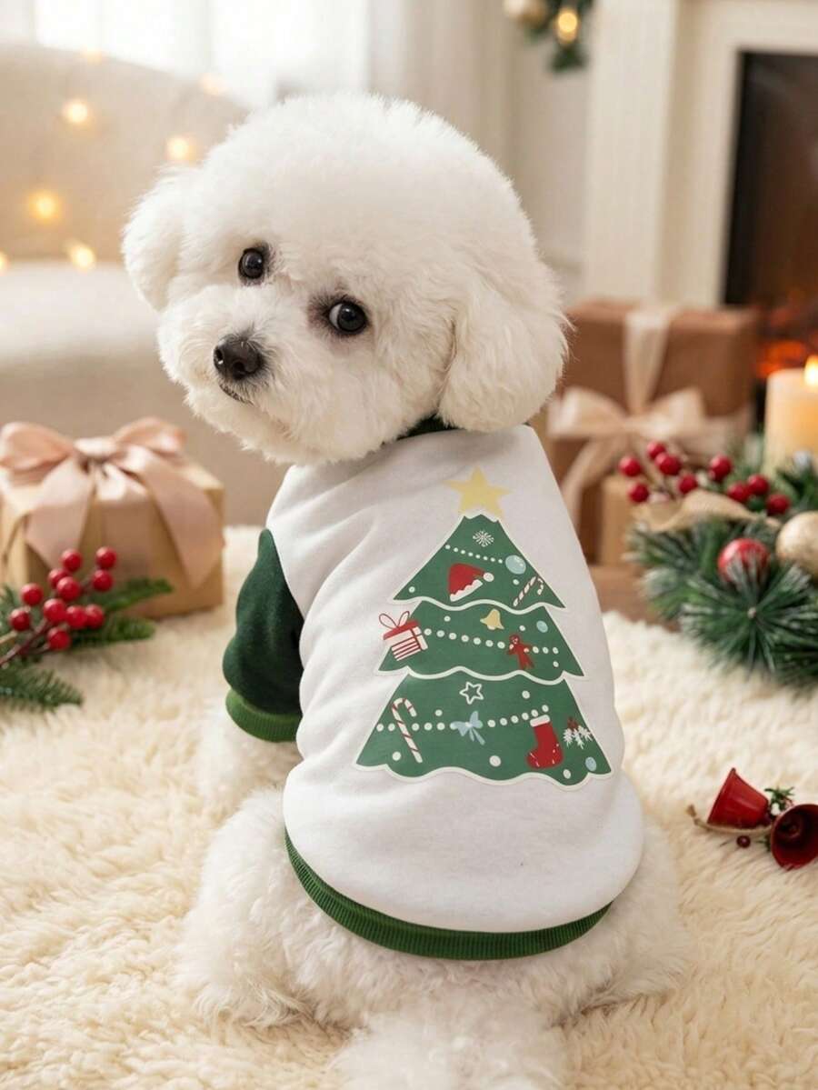 PETSIN 1 Piece Of Green Christmas Tree, Five Pointed Star, Red Christmas Socks, Gingerbread Man Pattern Print, Soft And Comfortable, Warm Pet Clothes - Multicolor - View 1
