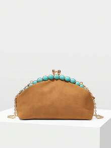 MOTF WOMEN'S FASHION BROWN CLUTCH BAG, RETRO TURQUOISE GREEN CRACKED BEAD CLIP BAG, FOR DAILY, SHOPPING, VACATION, TRAVEL - Brown - View 5