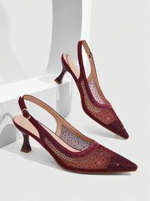CUCCOO SZL Women's Fashion Pointed Mesh Stitching Rhinestone Summer Fashion Party Party Spread Kitten Heel Empty Kitten Heel High Heels Shoes - Burgundy - View 2