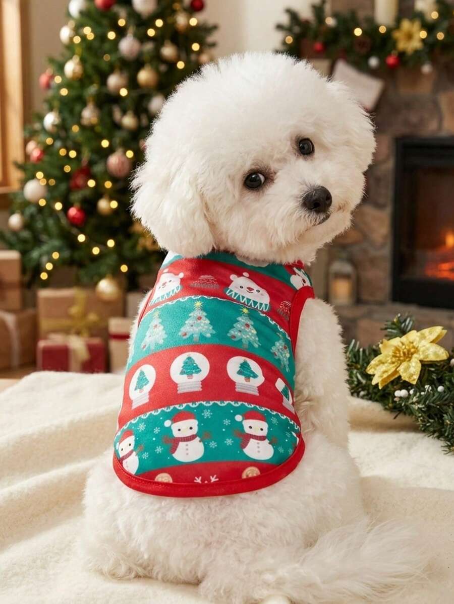 PETSIN 1pc Red And Green Striped Cute Print Pet Vest For Cats And Dogs, Christmas - Multicolor - View 1