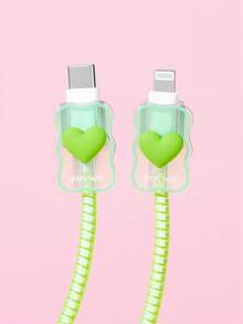 THE POWERPUFF GIRLS X SHEIN 數據線保護套，適用於 iPhone 充電器，4 件組手機線材保護套，充電器保護套（不含數據線） - 綠色 - 查看 5