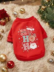 PETSIN 1pc Pet "HoHoHo" Reindeer Snow Flake Santa Claus Cartoon Print Cute Red Fleece Pullover Sweatshirt - Multicolor - View 2