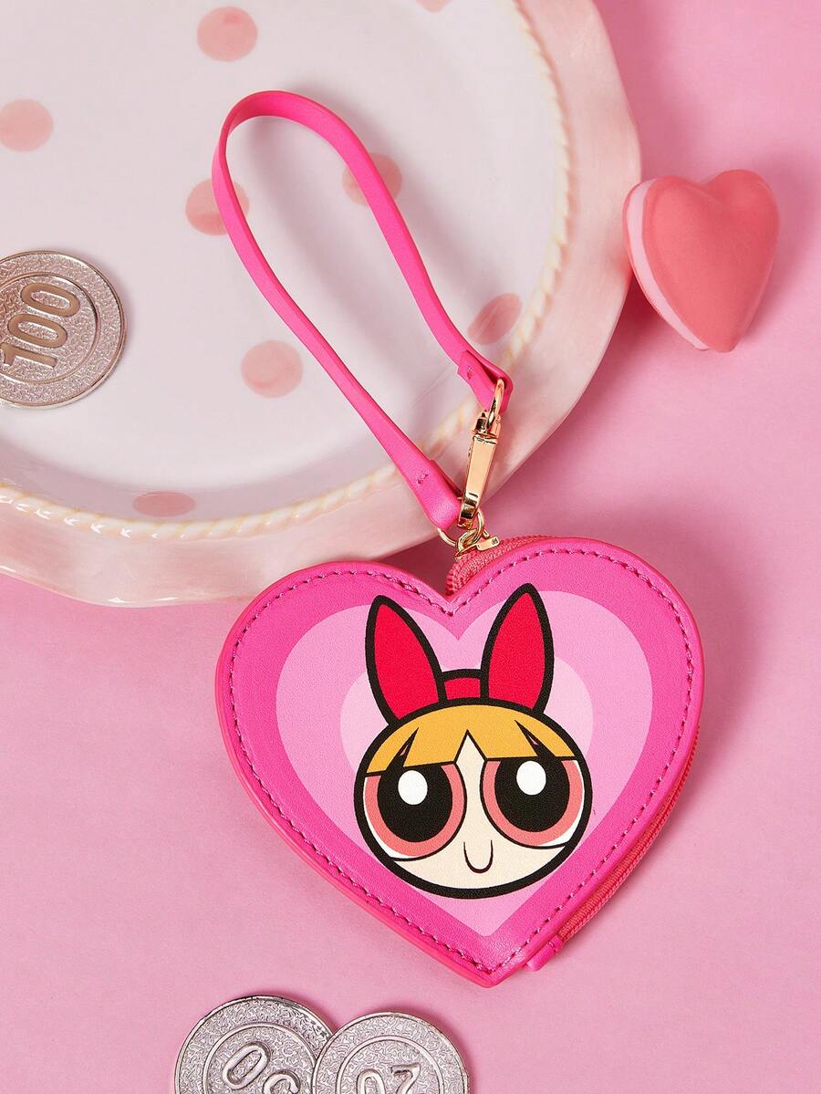 THE POWERPUFF GIRLS X SHEIN 愛心造型迷你零錢包,附金屬掛鉤設計,可作為包包吊飾,可收納硬幣、耳機線、小飾品及其他小物品 - 玫紅色 - 查看 1